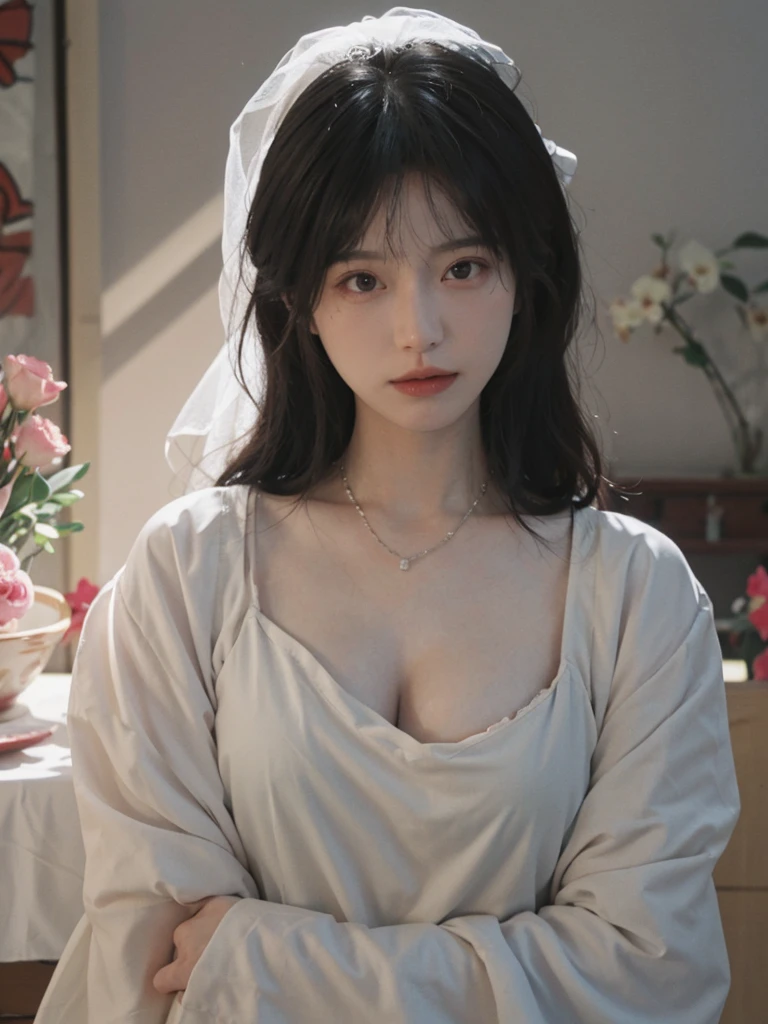absurdres, RAW photo, extremely delicate and beautiful, masterpiece, Best Quality, ultra high resolution, 32k, hyperrealistic, ultra-detailed, in her 20s, delicate facial features, beautiful detailed girl, tearful mole, earring, medium breasts, ((full body shot)), shorter middle hair, black hair, jiangshi,