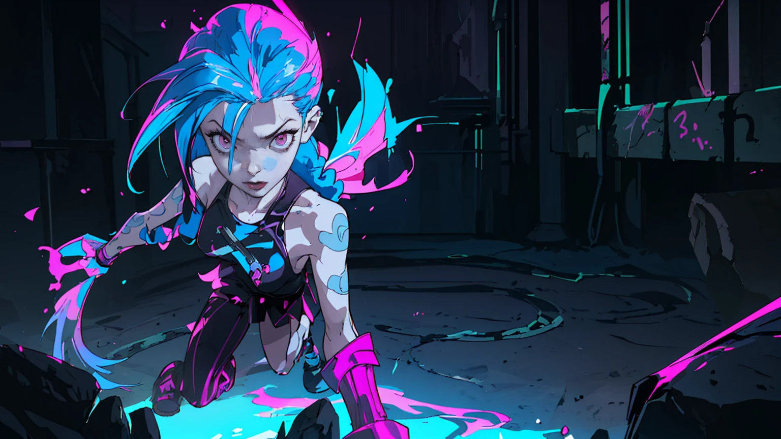 solo female, (masterpiece), best quality, expressive eyes, perfect face, Arcane style art, Dark lines, Jinx, League of legends, pale white skin, Skinny, character centered in image, blue hair, crazy facial expression, Bright pink eyes, full body shot, looking at viewer, crazy pose, small perky breasts, night time, underground, sewer, Dark factory background, blue and pink neon graffitti, scrap on ground,
