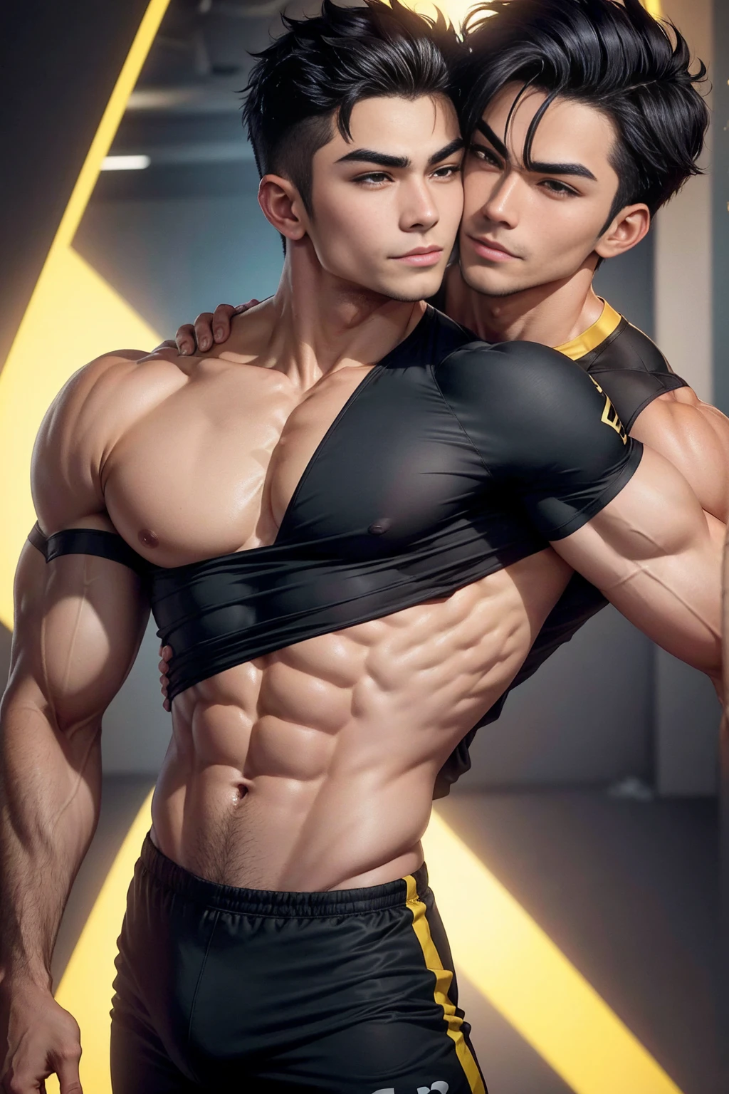 anime characters：Gyee, Fitness coach, Two fitness trainers, Manliness, male focus, Embrace, kiss, Yellow and black tight T-shirt, Under Armour brand sports tight T-shirt, Slightly transparent, muscular male, muscular, only, Upper body, alone, Black short hair, Thick eyebrows, stubble, Yellow eyes, Black background, simple background, amazing quality, best aesthetics, Ridiculous, bright pupils, crew cut, parted lips, embarrassed, forced smile, best quality