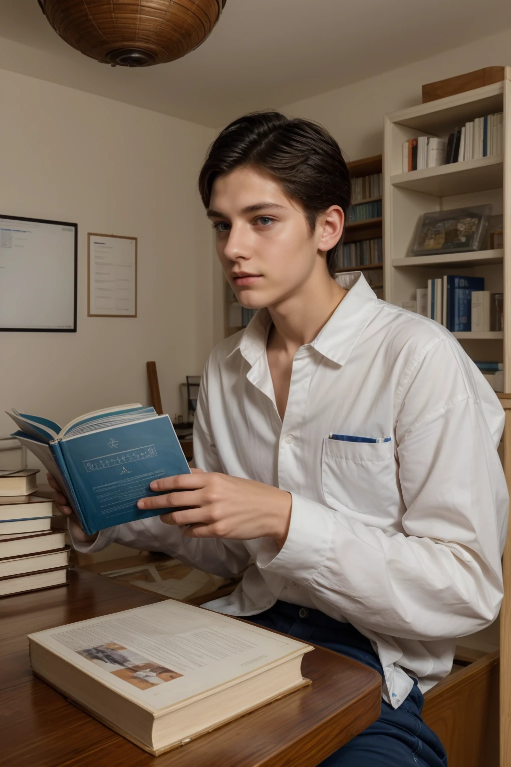 A beautiful young man, male, a cute twink, with black hair and a face with make-up, wearing a white long-sleeved shirt and aquamarine jeans, and he is in his office, and behind him is a blackboard on which is written the shape of the brain and its anatomy, and nuclear energy comes out of it, and he has a face with make-up and his eyes. There are dark circles underneath while he is sitting, looking innocent, with a beautiful face with make-up and a neuroscience book in his hand