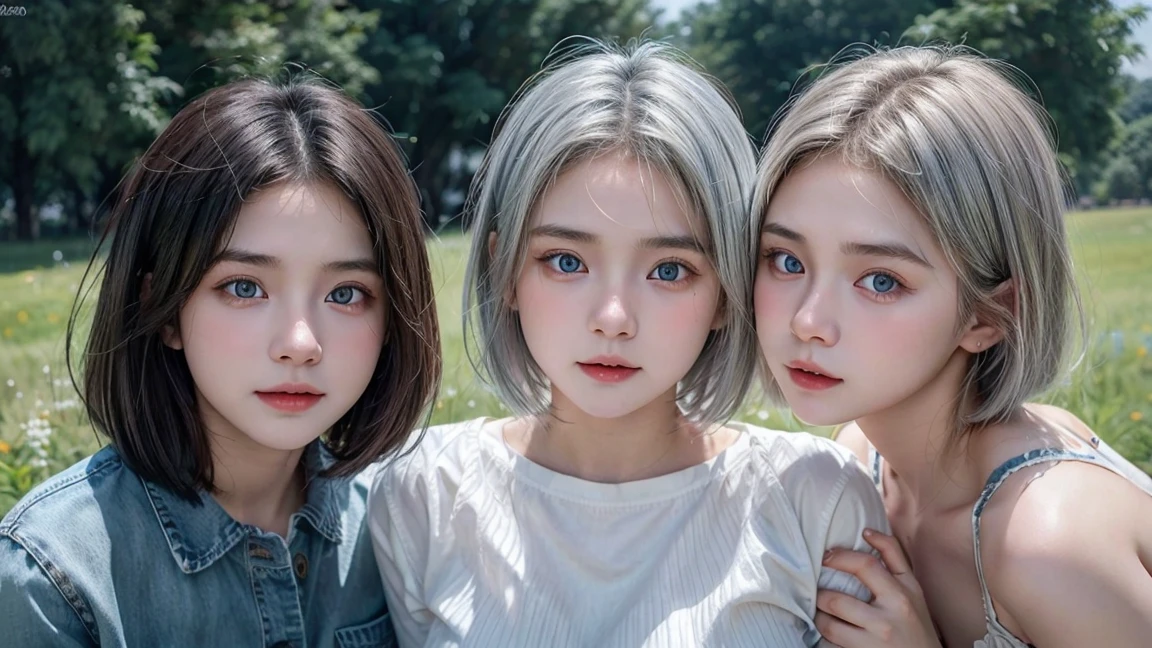 (4 Girls), Indonesian baby face, 20 years old,short hair, white skin, big breast,  blue eyes, meadow, silver hair,  8k,  The details are very realistic..., There is a lot of light..., The best of taking photos wearing jeans.(3 girls)
