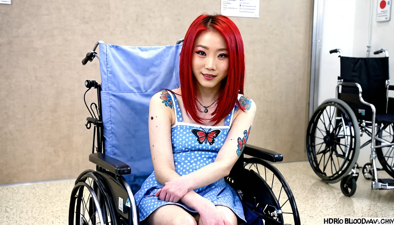 Uhd, photo of Cami, subject: Noriko, 1/2 Japanese 1/2 Hainu skinny girl with long red hair in a 2/00 large wheelchair, blue+++ eyes, oval face, LGBTQIA+, queer, punk style, dressed in colors,t buttefly hairclip, tattooes, during a blood draw, donating her blood, donating blood, in hospital, looking at viewer, happy woman.