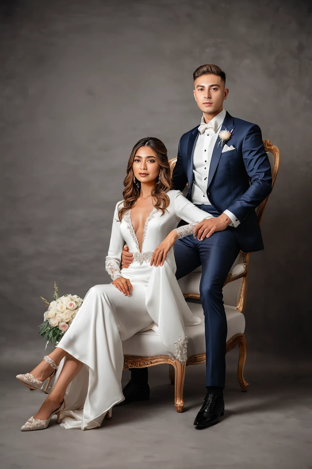 man and woman couple sitting on a chair, wedding photo, couple portrait, white room , luxury room , window soft light