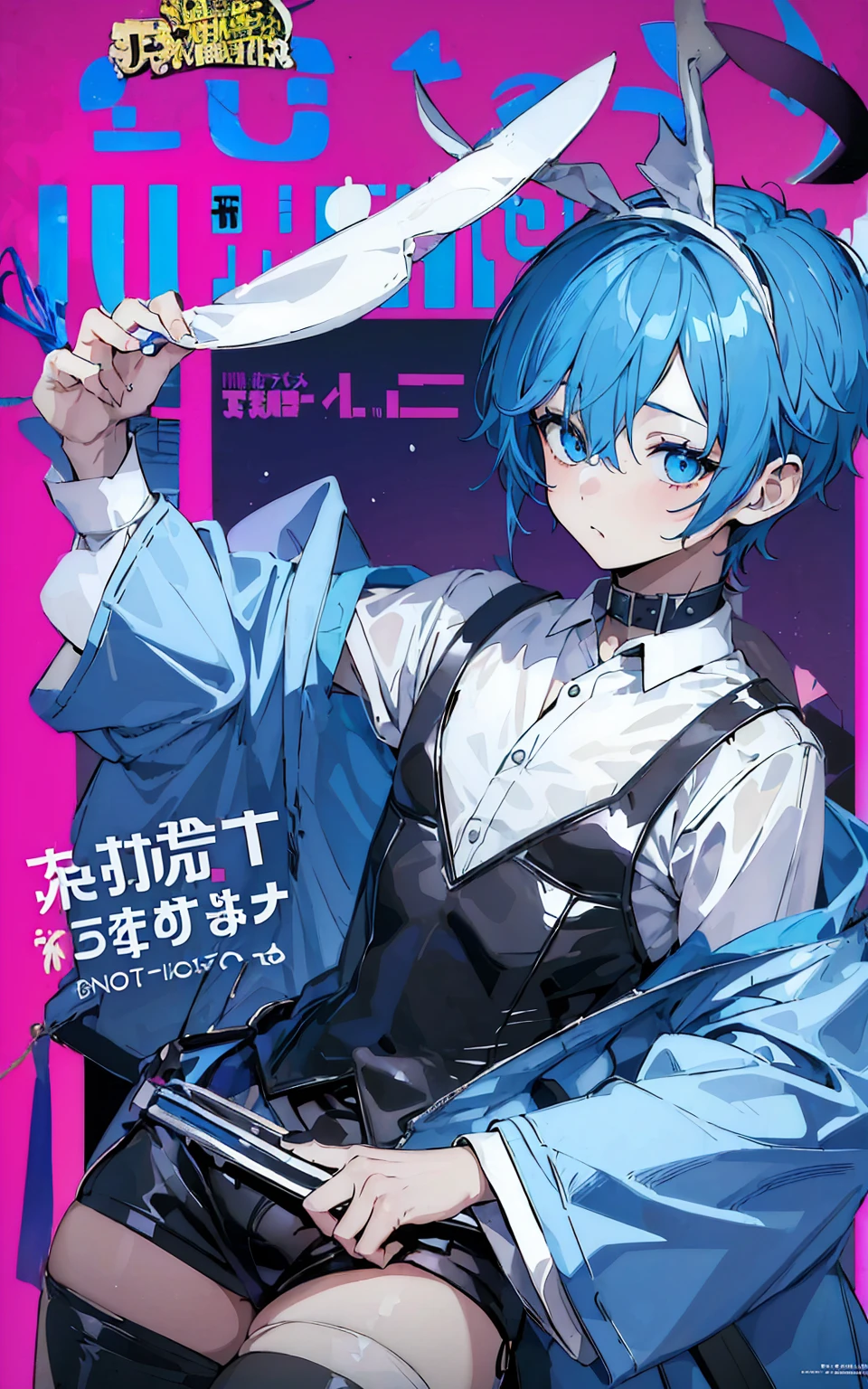 ((1boy)), hair ornament, blue hair, rabbit ears, playboy bunny, (Boy Messy Japanese Round Haircut for Thick Hair), bangs, leotard, blue eyes, detached collar, pink background, simple background, (solo)), (magazine:1.3), (cover-style:1.3), fashionable, (masterpiece, best quality, high quality, highres, ultra-detailed)