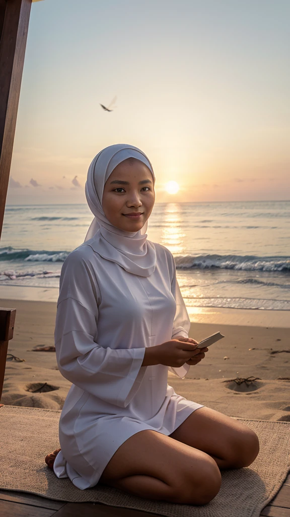 A Muslim Indonesian woman, beautiful, sits quietly on the beach at sunset. In his hand, he held a small piece of paper that appeared to contain a prayer or thanksgiving. His face radiated with a gentle smile, reflecting a sense of peace and acceptance of the blessings given by Allah. The background is a calm sea view with a colorful evening sky, creating a spiritual and blessed atmosphere in this moment of reflection. very real, high resolution, 8k resolution, intricate details, dazzling