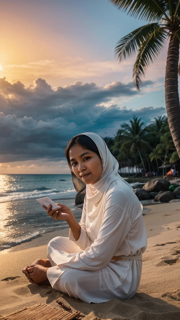 
A Muslim Indonesian woman, beautiful, sits quietly on the beach at sunset. In his hand, he held a small piece of paper that appeared to contain a prayer or thanksgiving. His face radiated with a gentle smile, reflecting a sense of peace and acceptance of the blessings given by Allah. The background is a calm sea view with a colorful evening sky, creating a spiritual and blessed atmosphere in this moment of reflection. very real, high resolution, 8k resolution, intricate details, dazzling