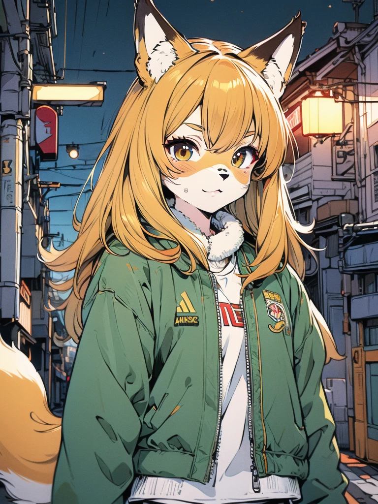 Masterpiece, 1girl, solo, (best quality,4k,8k,highres,masterpiece:1.2), ultra-detailed, slim fox girl, adult, (green jacket, black shorts, yellow sneakers, yellow sunglasses, fox tail, orange hair), ((detailed clothes, detailed fur texture, hyperdetailed face, intricate detail, highly detailed, fine details best quality)), cyberpunk city background, ((detailed background, bright color tones, digital art, beautiful lighting))