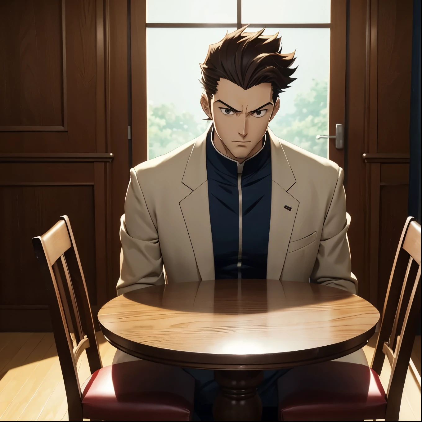 (animation cel:1.0), 2000s \(style\), anime episode still shot, [mid thirties tall caucasian male anime antagonist with short brown slicked hair style and no beard], in the art style of my hero academia, art by Kohei Horikoshi, niji5, (background: a dining room)