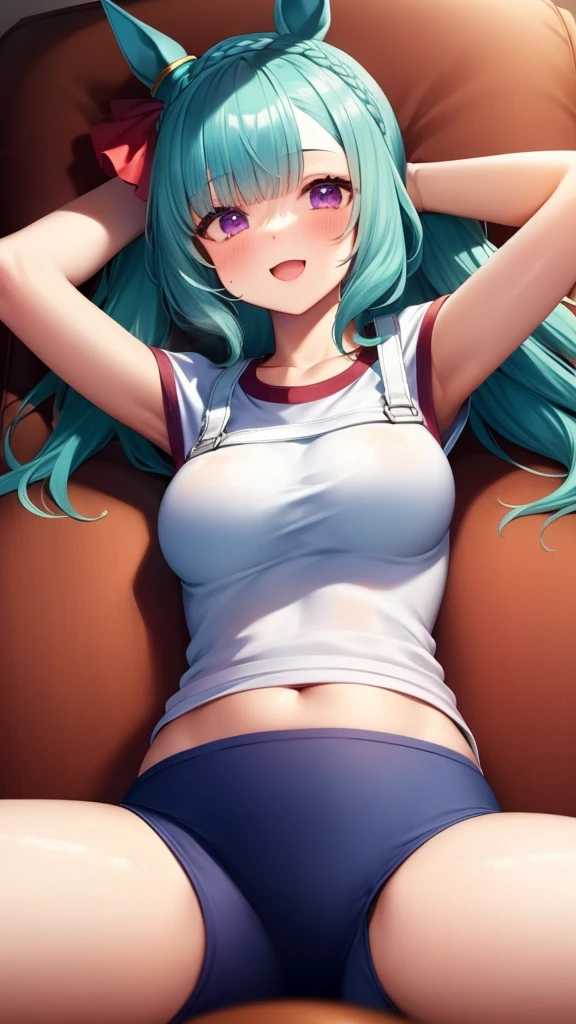 {{{NSFW}}},{{{masterpiece:1.2}}},{{{best-quality:1.2}}},{{{ultra-quality:1.2}}},{{{top-quality:1.2}}},{{ultra-detailed:1.2}},{{{ultra-highres:1.2}}},{{{ultra-high-resolution:1.2}}},{{{8k}}},{{{extremely-detailed-CG-unity-8k-wallpaper}}},{{{enhance-colors-to-maximum-saturation1.2}}},{{fine-textured}},{{super-fine}},{{crisp}},Mejiro Ardan\(umamusume\),{1 girl,beautiful girl,18 yo,cute,smile,kawaii, lovely,blushing,playful expression},sharp focus,oily skin,beautiful detailed hair,glossy hair,(wear gym uniform:1.5),(lying on the bed:1.2),wear buruma,perfect two legs,(spread two legs:1.2),,five fingers,(large breaths),beautiful detailed eyes,jewel like eyes,violet eyes, (two hands behind head:1.1),open mouth,armpits, solo,beautiful navel, looking at viewer,collarbone,earring