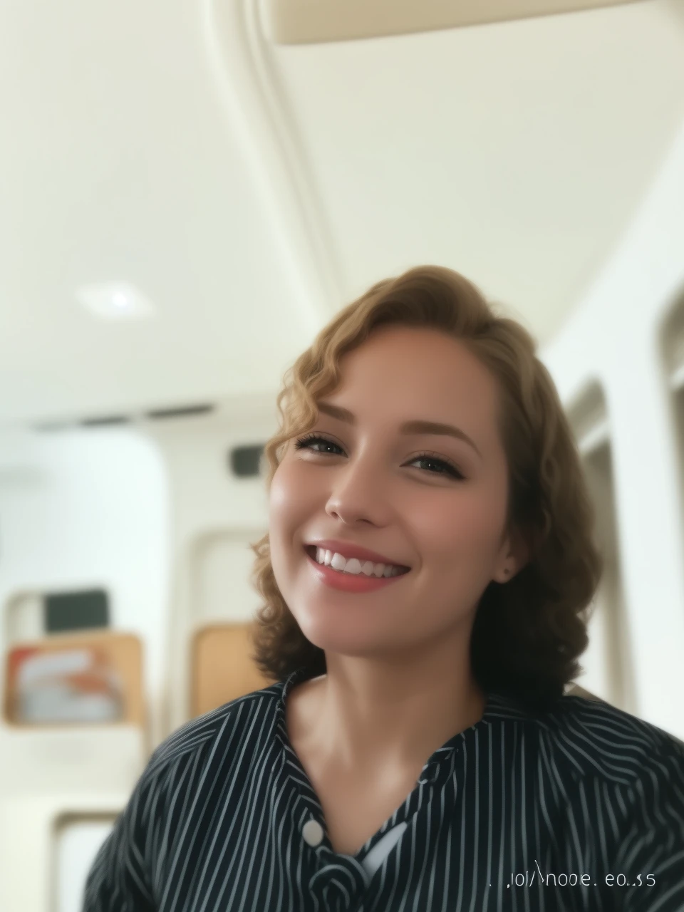 (white flight attendant uniform),looking at viewer,smiling,happy,curly blond short hair, standing, inside the airplane,