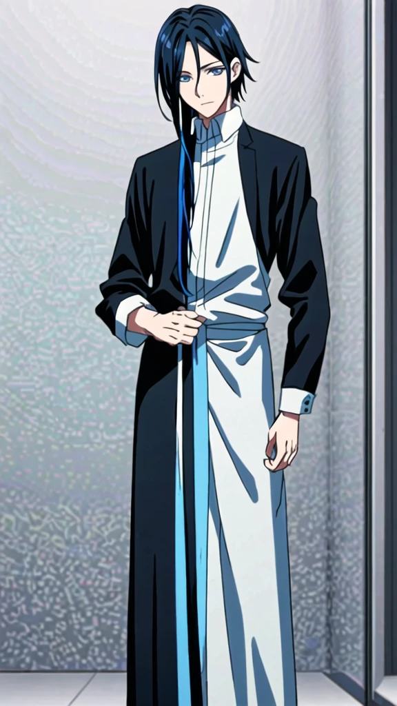 1 boy, with long black hair with blue highlights, blue eyes,