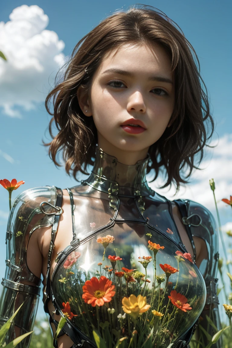 1 girl, Looking at the audience, Practical, Long hair, Long hair blown by wind, Solitary, Flowers, Sky, Sky, outdoor, short hair, brown Long hair, Science fiction, Vague, Grass, realism, cloud, blue Sky, Chest, Lips, transparent, transparent, transparent,