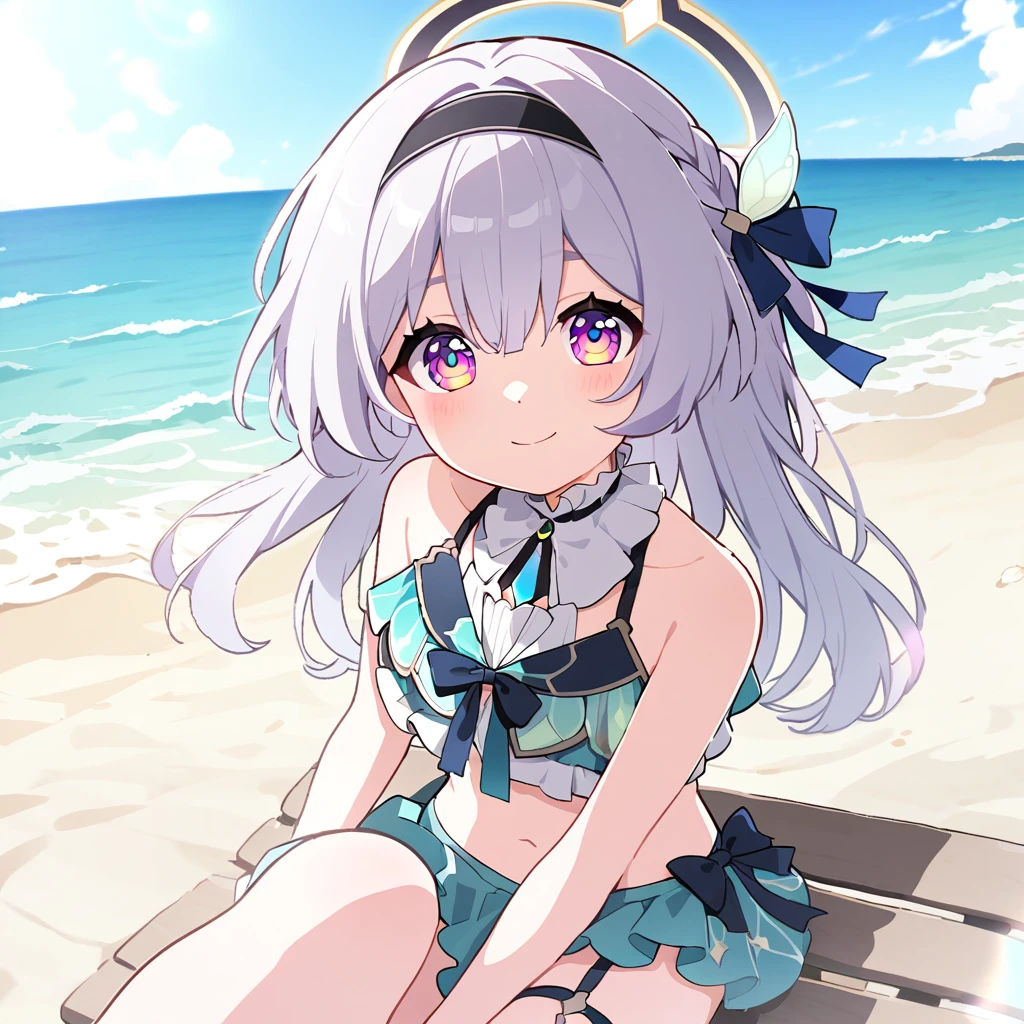 firefly \(honkai: star rail\),a is sitting on a bench along the beach, 1girl, solo, bikini, swimsuit, outdoors,looking at viewer, smile, sitting, navel, open ,momoi (blue archive),