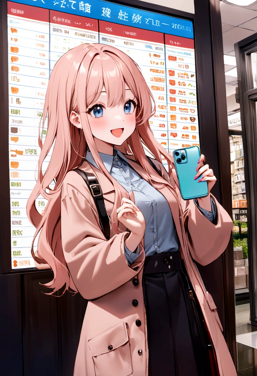 Background of the Stock Investment Chart Japanese 20th Generation woman holding a smartphone Long hair smiling