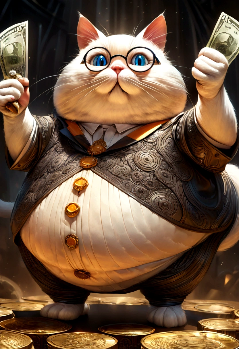 a fat cartoon cat standing upright holding dollars in one paw, wearing glasses, holding a gun, detailed fur textures, whimsical expression, anthropomorphic, dynamic pose, vibrant colors, 4k, high quality, intricate details, photorealistic, award winning illustration