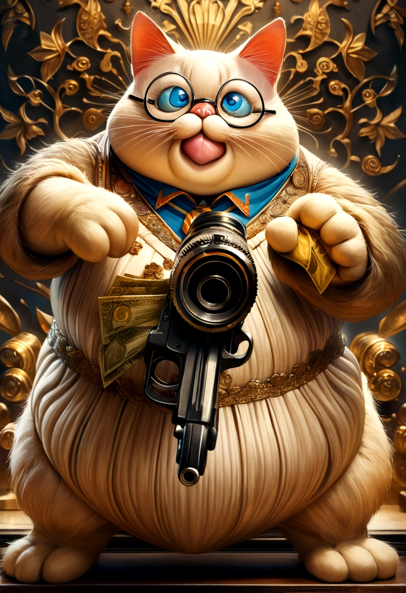 a fat cartoon cat standing upright holding dollars in one paw, wearing glasses, holding a gun, detailed fur textures, whimsical expression, anthropomorphic, dynamic pose, vibrant colors, 4k, high quality, intricate details, photorealistic, award winning illustration