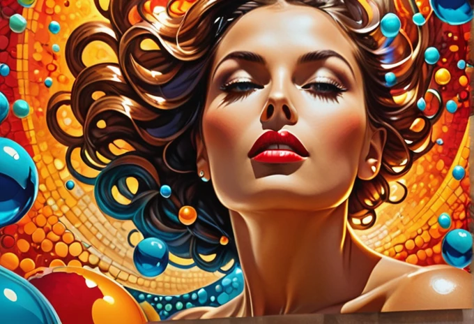 Mosaic art, beautiful woman, Temptation pattern, bright colors, liquid environment, color flow, soaking, spatter, drop, bubbles, colored spheres, Powerful tone, low angle, quality movie posters, Fine Arts, There are too many details., Masterpiece, sublime art, balance, sweetness, Intricate and suggestive details, 8k, Exaggerated . Geometric shapes, abstract, innovation, revolutionize