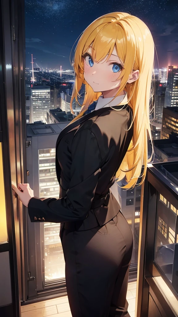 Half body portrait of a teenage woman with her back turned. Long bright yellow hair, blue eyes, wears a beautiful all black suit and skirt. Turn around and look back. Half-body picture. Club view. Good figure. Look back.. city view at night