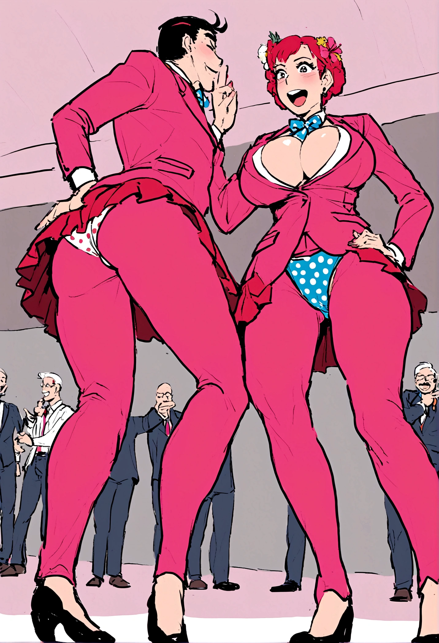 (((From below))),hot summer,skirt,Cleavage,Ass,hibiscus,suit,Polka dot panties,dance