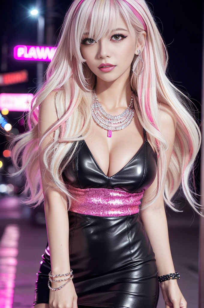 beautiful sexy idol, lipgloss, dramatic makeup, closeup photo, (sparkling large necklace), (sparkling large bracelets), night scene, sparkling neon street background, gyaru, (((long platinum blonde hair with dark pink highlights))), ((business style dark grey with dark pink leather dress)), sweet and sexy, seductive look