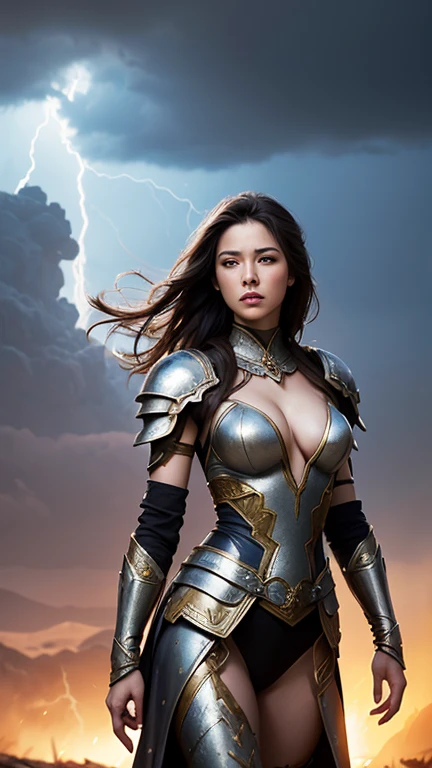 photorealistic mixed oil painting of woman warrior in gladiator amor suit with beautiful breasts , medium breasts, The setting should be grand and richly decorated , medium long shot , cinematic light , blur effect ,fantastic ,dim light atmosphere , elegance pose, battlefield cloudy sky  lightning strikes background