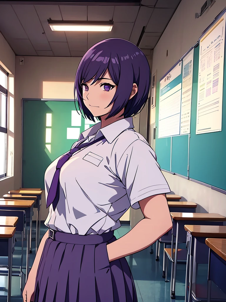 1women, as a highschool girl, wearing Japanese highschool uniform with white shirt and blue colour skirt, at a classroom, purple colour short hair, 8k, high detailed, high quality
