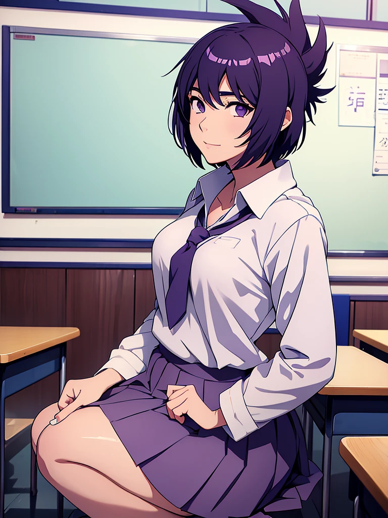 1women, as a high girl, wearing Japanese highschool uniform with white shirt and blue colour skirt, at a classroom, purple colour short hair, 8k, high detailed, high quality