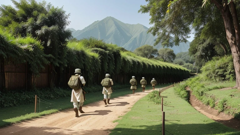 There are lush green mountains in between which very active paths are being made. Some soldiers are passing through the active paths. The soldiers are in Mughal-era attire.