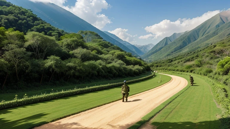 There are lush green mountains in between which very active paths are being made. Some soldiers are passing through the active paths. The soldiers are in Mughal-era attire.