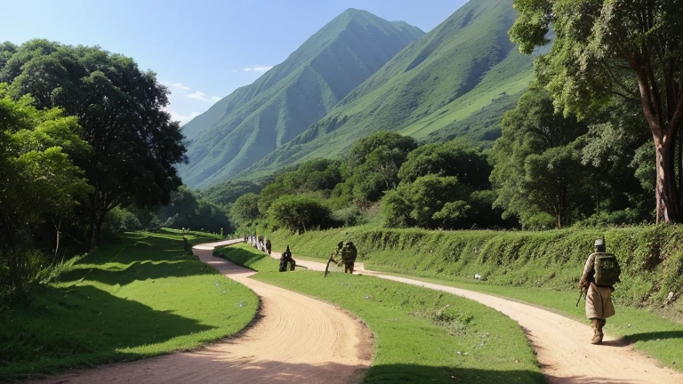 There are lush green mountains in between which very active paths are being made. Some soldiers are passing through the active paths. The soldiers are in Mughal-era attire.
