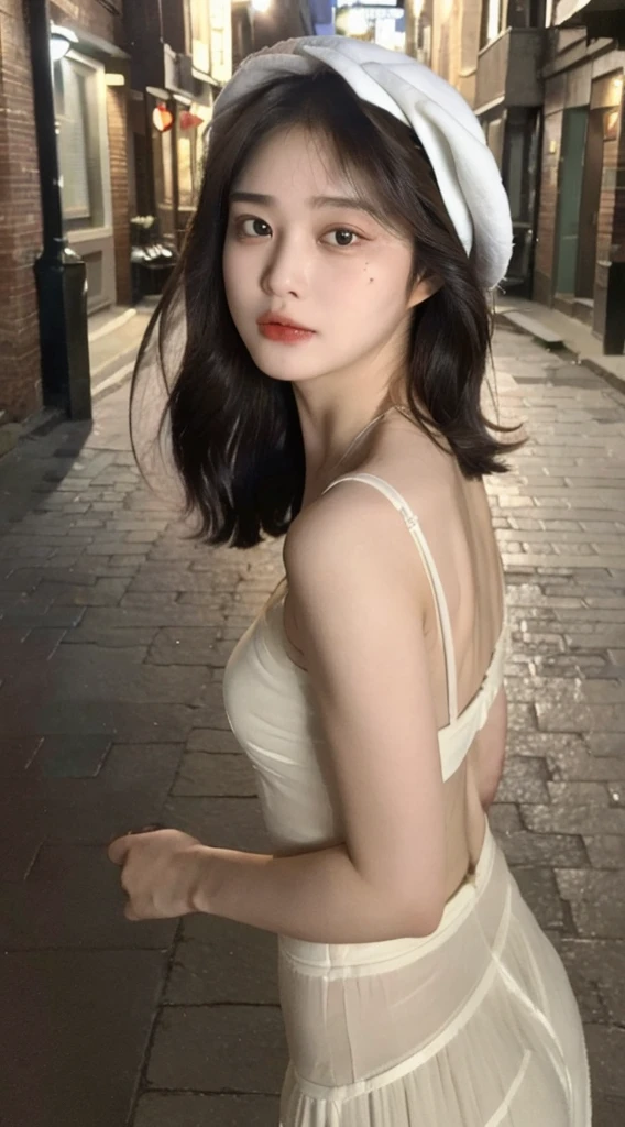 ((Best Quality, 8K, Masterpiece: 1.3)), (Flower Cap: 1.3), Focus: 1.2, Perfect Body Beauty: 1.4, Buttocks: 1.2, (Layered Haircut: 1.2)), (Dark Street: 1.3), Highly Detailed Face and Skin Texture, naked Body, Delicate Eyes, Double Eyelids, Whitened Skin, Long Hair, (Round Face: 1.5),