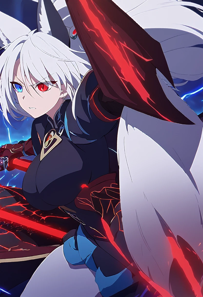Anime humanoid monster, character design,wearing a futuristic mouth mask,grin,boy,maniac,deranged look,messy unkept hair,hair covering right eye, vibrant eye color,red and blue eyes,(white hair), close up shot, creating a crack in reality, powerful aura, destroyed city, very dark,night,8k,64k, HD, unparalleled masterpiece, dynamic lighting, cinematic, epic