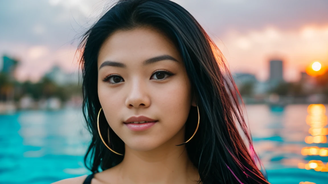 arafed woman with long black hair with purple high lights swimming at the beach with a dolphin, flowing black hair purple high lights, with black hair, photo of a beautiful woman, long flowing black hair, black golden hour, curly pink hair, beautiful young asian woman, beautiful asian woman, wild ginger hair, pink wispy hair, light pink hair, a young asian woman, an asian woman, infp young woman, Portrait photo of a 22-year-old french girl in RAW UHD format (Brown-eyed woman) Details (textures! , Hair! , glistering, Color!! , imperfections: 1.1), highly detailed glossy eyes (looking at the camera), DSLR Lighting, SLR camera, Ultra-Quality, sharpness, Depth of field, Film grain (Downtown), Fujifilm XT3, Crystal clear, Frame Center, beatiful face, sharp-focus, neon lighting, bokeh (lit), day time, (open sky), detailed skin pores, oilly skin, suntan, Complex eye details, (((Dolphin))), smiling, ((swimming))