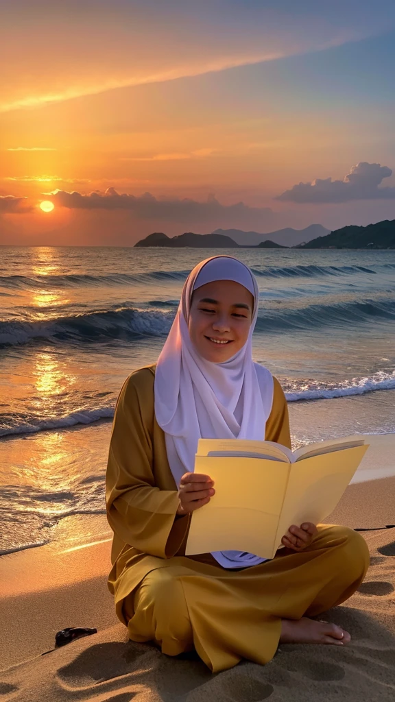 A Muslim Indonesian woman, beautiful, sits quietly on the beach at sunset. In his hand, he held a small piece of paper that appeared to contain a prayer or thanksgiving. His face radiated with a gentle smile, reflecting a sense of peace and acceptance of the blessings given by Allah. The background is a calm sea view with a colorful evening sky, creating a spiritual and blessed atmosphere in this moment of reflection. very real, high resolution, 8k resolution, intricate details, dazzling