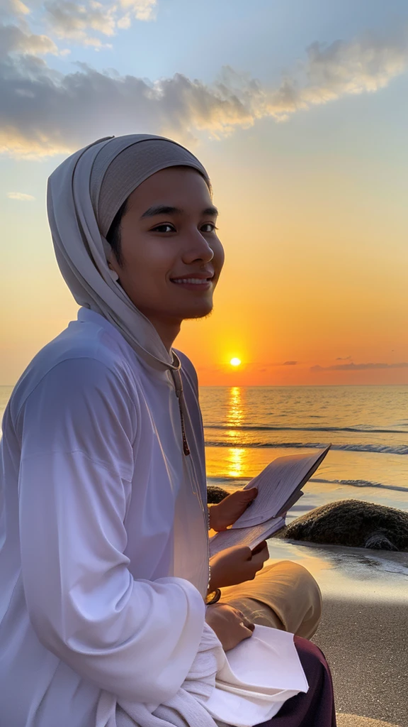 A Muslim Indonesian woman, beautiful, sits quietly on the beach at sunset. In his hand, he held a small piece of paper that appeared to contain a prayer or thanksgiving. His face radiated with a gentle smile, reflecting a sense of peace and acceptance of the blessings given by Allah. The background is a calm sea view with a colorful evening sky, creating a spiritual and blessed atmosphere in this moment of reflection. very real, high resolution, 8k resolution, intricate details, dazzling