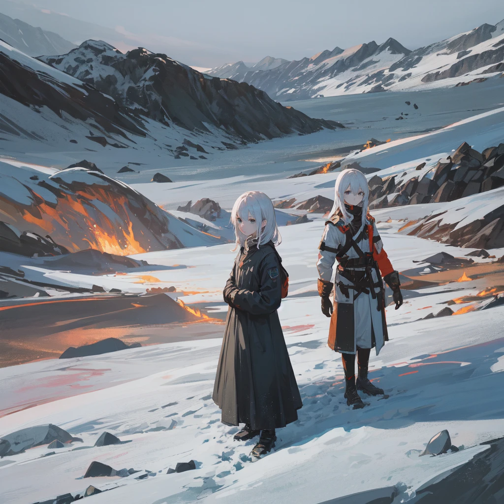 masterpiece:1.2), best quality , solo ,pixiv, anime girl ，long straight white hair , black eyes ,Wearing off-white camouflage uniform ,ten years old，battlefield，Standing in the snowy mountains，(Eyes looking into the distance:1.3)，There is a flame burning beside you，(look away:1.5)，snowy weather，The girl stands among the deserted snowy mountains，blood on forehead，dirty face，Background mixed with metal fragments:1.2，Backlight，Black lake in the background，Stand on a glacier，Bare rocky peaks , Scrap metal on the snow，The expression is sad