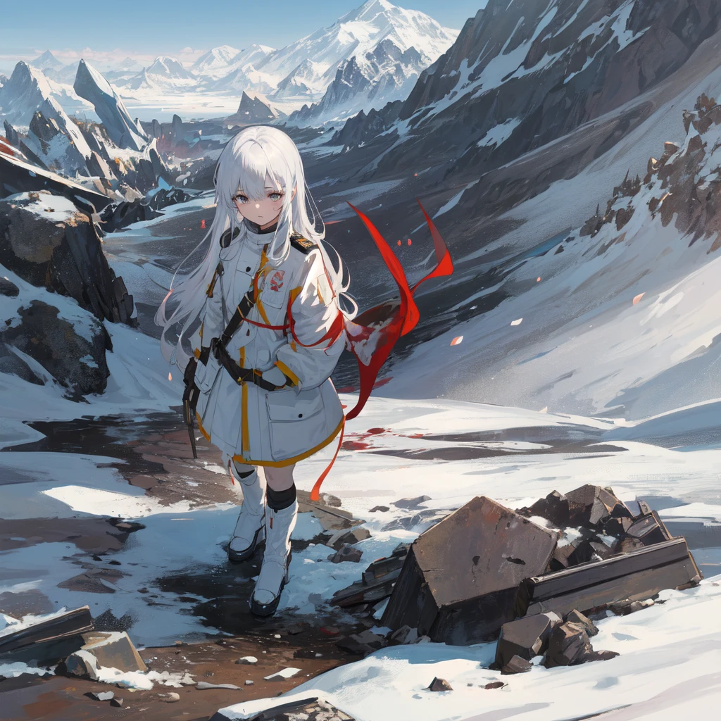 masterpiece:1.2), best quality , solo ,pixiv, anime girl ，long straight white hair , black eyes ,Wearing off-white camouflage uniform ,ten years old，battlefield，Standing in the snowy mountains，(Eyes looking into the distance:1.3)，There is a flame burning beside you，(look away:1.5)，snowy weather，The girl stands among the deserted snowy mountains，blood on forehead，dirty face，Background mixed with metal fragments:1.2，Backlight，Black lake in the background，Stand on a glacier，Bare rocky peaks , Scrap metal on the snow，The expression is sad