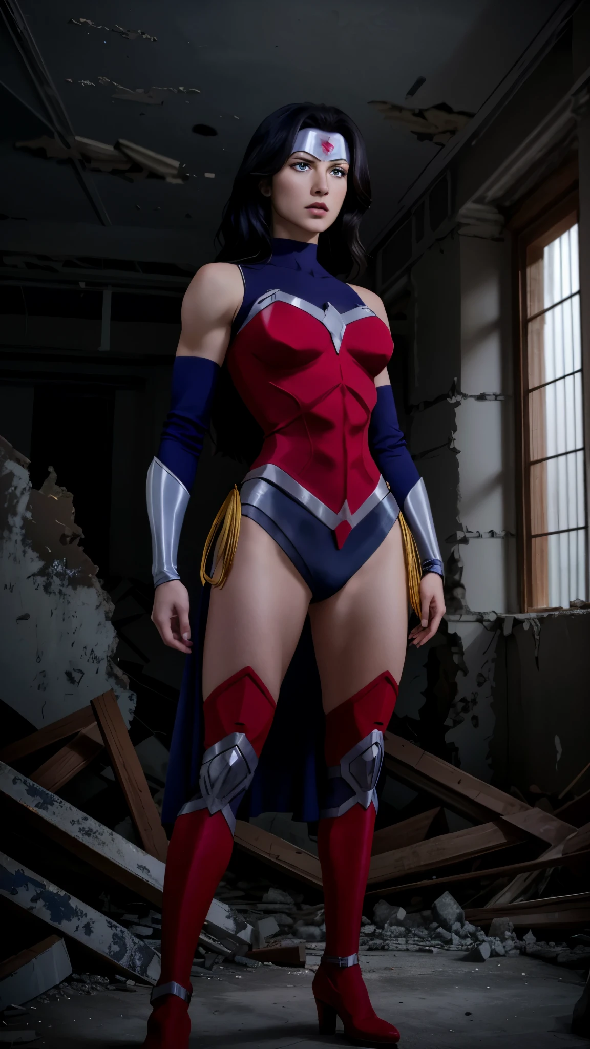 A scene where a superheroine, Wonder Woman, with a muscular and athletic body, is standing in a powerful pose inside a partially destroyed building. She wears a red and blue outfit with gold details, displaying a golden tiara with a red star in the center. His black hair falls over his shoulders, while his look is serious and determined. Lighting comes from a tall window on the right, highlighting its imposing presence against a background of columns and tall windows, beautiful face, female, ultra-realistic,  RAW photo, (highly detailed skin: 1.2), 8k uhd, dslr, soft lighting, high quality, film grain, Fujifilm XT3.