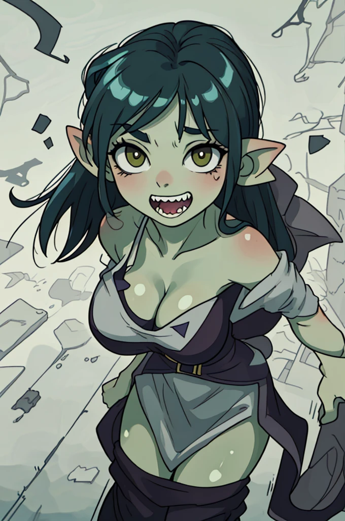 masterpiece, best quality, ultra-detailed, 1 girl, goblin girl, female goblin, goblin, 1girl, green skin, ((large ears)), sharp teeth