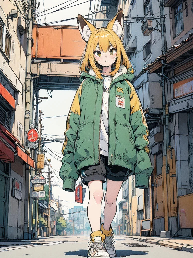 Masterpiece, 1girl, solo, (best quality,4k,8k,highres,masterpiece:1.2), ultra-detailed, slim fox girl, adult, (green jacket, black shorts, yellow sneakers, yellow sunglasses, fox tail, orange hair), ((detailed clothes, detailed fur texture, hyperdetailed face, intricate detail, highly detailed, fine details best quality)), cyberpunk city background, ((detailed background, bright color tones, digital art, beautiful lighting))