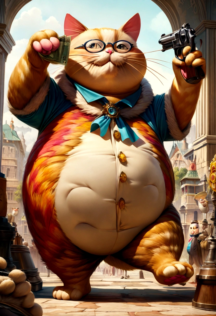 a fat cartoon cat standing upright holding dollars in one paw, wearing glasses, holding a gun, detailed fur textures, whimsical expression, anthropomorphic, dynamic pose, vibrant colors, 4k, high quality, intricate details, photorealistic, award winning illustration