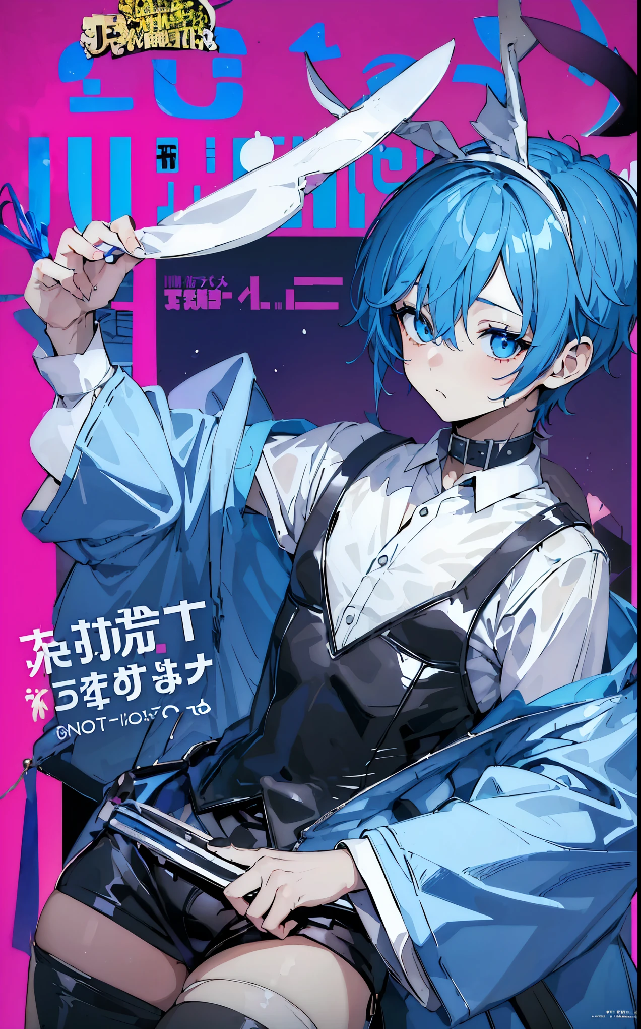 ((1boy)), hair ornament, blue hair, rabbit ears, playboy bunny, (Boy Messy Japanese Round Haircut for Thick Hair), bangs, leotard, blue eyes, detached collar, pink background, simple background, (solo)), (magazine:1.3), (cover-style:1.3), fashionable, (masterpiece, best quality, high quality, highres, ultra-detailed)