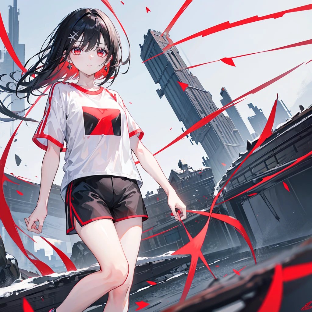 Black Hair，Red Eyes，，Star-shaped pupil，earrings ，Two white hairpins，Short sleeve shorts，wearing sportshoes，Don't show your arms，The background is a snowy ruin
