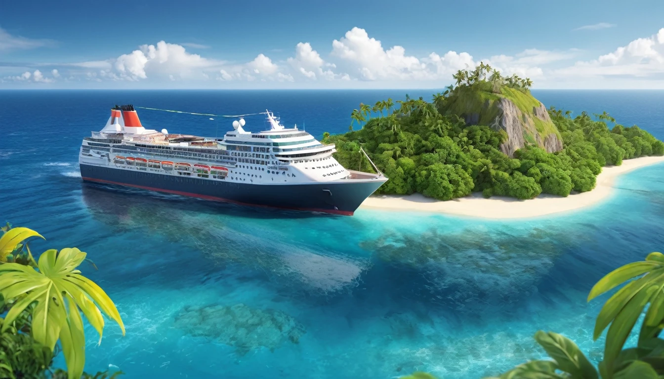 Cruise ship with island. Cruise ship in ocean with small tropical island illustration