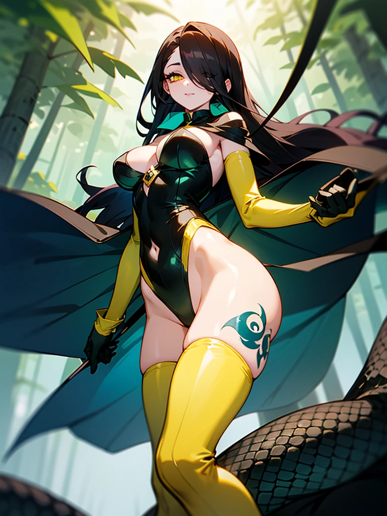 (dark hair with slight blue hue, long hair) , yellow slit eyes, in forest, tight leotard open from cleavage to below navel, large breast hardly contained, small green cape over her right shoulder, thigh-high boots, green gloves, snake tattoo on left leg and scales tattoo under her left eye,nice lighting
