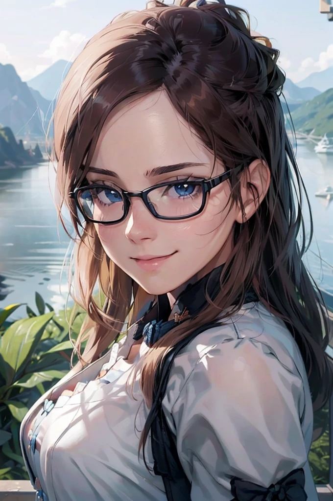 最high quality, high quality, High resolution, high quality texture, high quality shadows, High resolution, Beautiful details, Detailed CG, Detailed Texture, Realistic representation of face, Realistic, colorful, delicate, Cinematic Light, Side light, Lens flare, Ray Tracing, sharp concentrated, (1 Girl,concentrated:1.3), ( Intricate details, compensate, PureErosFaceV1:0.5), (細部まで美しいdelicateな顔, 緻密で美しいdelicateな瞳, Perfect Facial Proportions, Dense skin, Optimal ratio of four fingers to one thumb,  Beautiful breasts, Beautiful Hips, Smooth upper abdomen, Tilt,Blue Eyes　Glasses　Mature Woman　Ao dai Halong Bay　cruising　gaze of love, impregnate me, lips of temptation, A sweet smile, 30 years old, full body figure