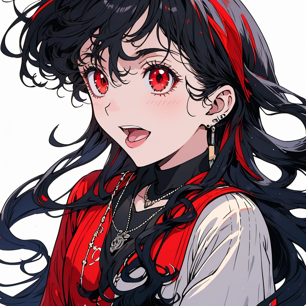 1 girl solo, upper body , black wavy hair with red highlights, red eyes, casual outfit, necklace, earrings, hair illuminated by sunlight