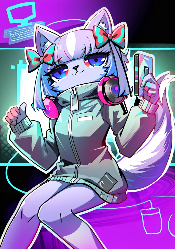 Cartoon cat with headphones and laptop in background, Furry art!!!, [ synthwave art style ]!! ]!!, fursona art, digital art from danganronpa, commission for high resolution, female furry mini cute style, [ synthwave art style ]!!, fursona furry art commission, advanced digital chibi art, furaffinity commission，Be red in the face，Wear white thigh socks，Strangle，Light，