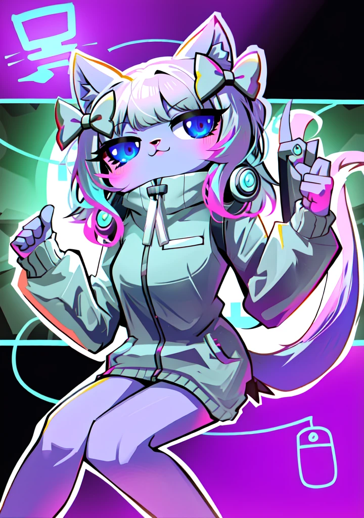 Cartoon cat with headphones and laptop in background, Furry art!!!, [ synthwave art style ]!! ]!!, fursona art, digital art from danganronpa, commission for high resolution, female furry mini cute style, [ synthwave art style ]!!, fursona furry art commission, advanced digital chibi art, furaffinity commission，Be red in the face，Wear white thigh socks，Strangle，Light，