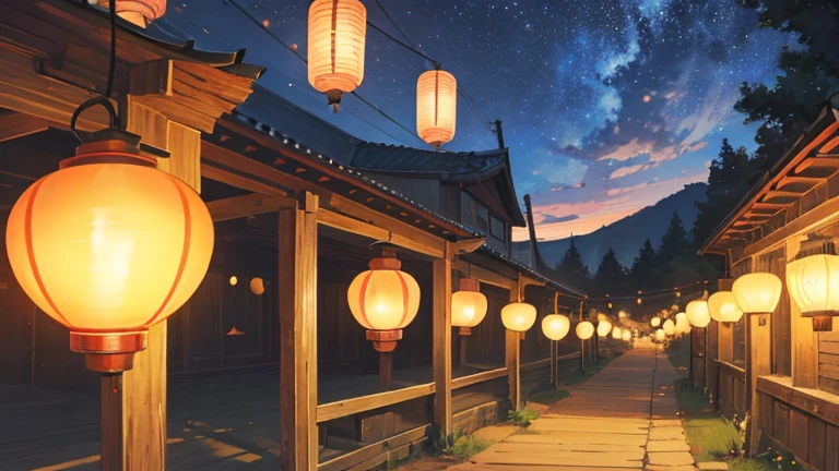 Summer festival,Row of lanterns,Gravel road,evening